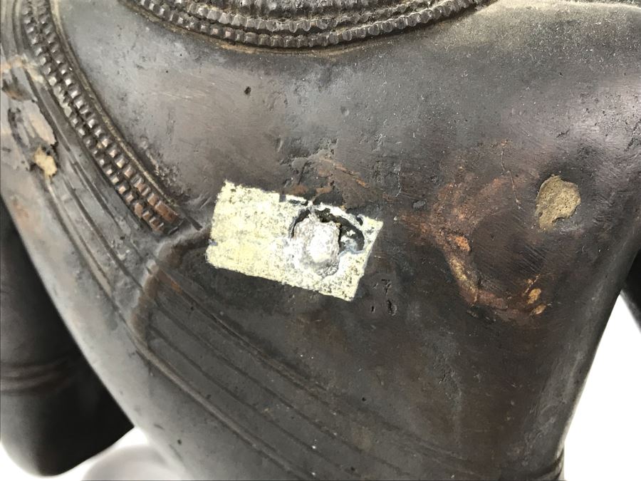 Large Antique Nepalese Metal Sitting Buddha Statue 12W X 10D X 16H With Custom Wooden Stand [Photo 22]