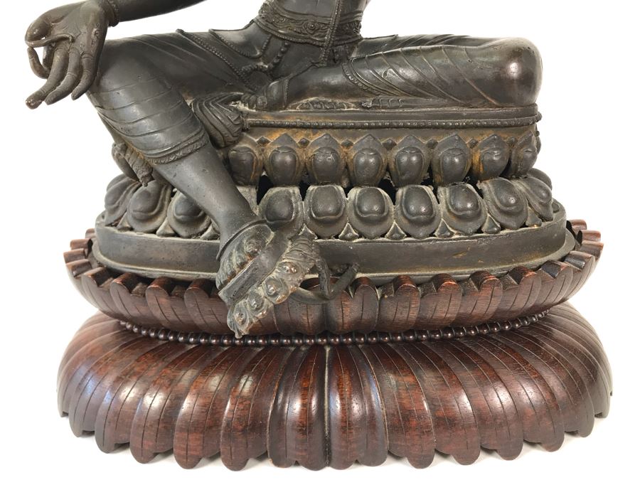 Large Antique Nepalese Metal Sitting Buddha Statue 12W X 10D X 16H With Custom Wooden Stand [Photo 14]