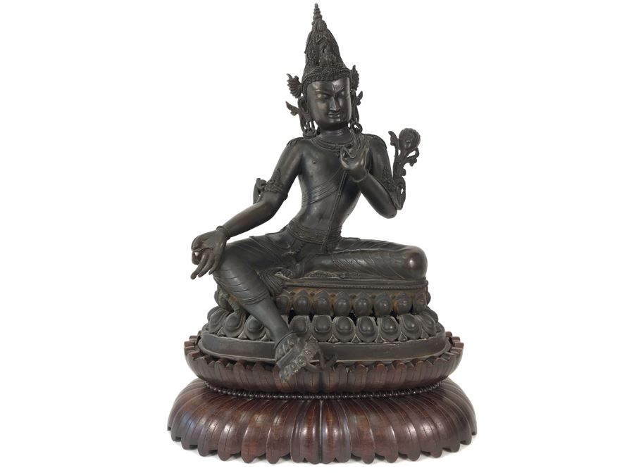 Large Antique Nepalese Metal Sitting Buddha Statue 12W X 10D X 16H With Custom Wooden Stand