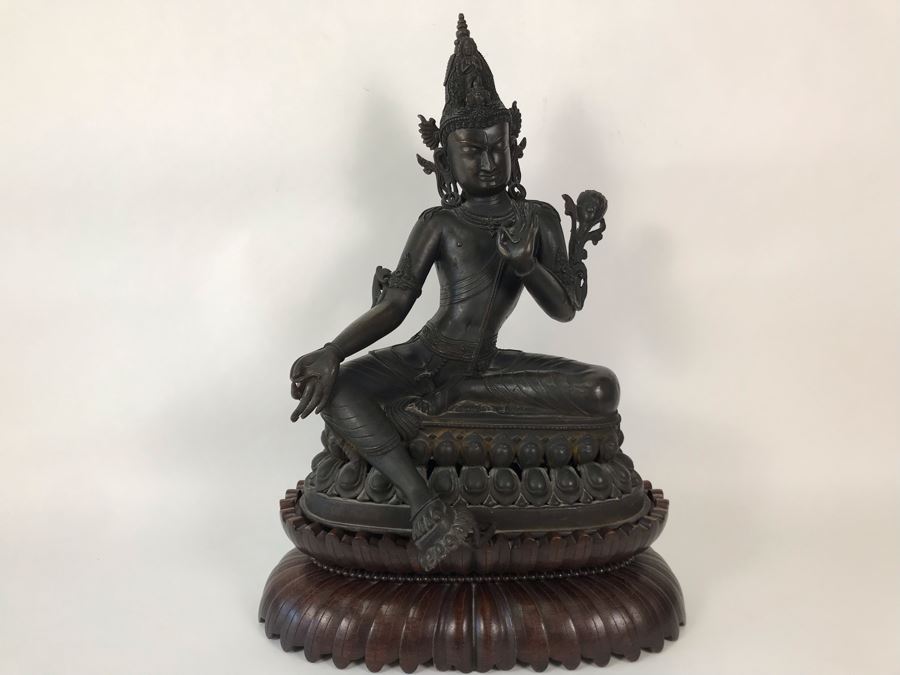 Large Antique Nepalese Metal Sitting Buddha Statue 12W X 10D X 16H With Custom Wooden Stand [Photo 2]