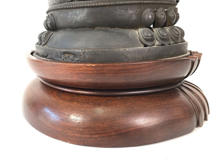 Large Antique Nepalese Metal Sitting Buddha Statue 12W X 10D X 16H With Custom Wooden Stand [Photo 26]