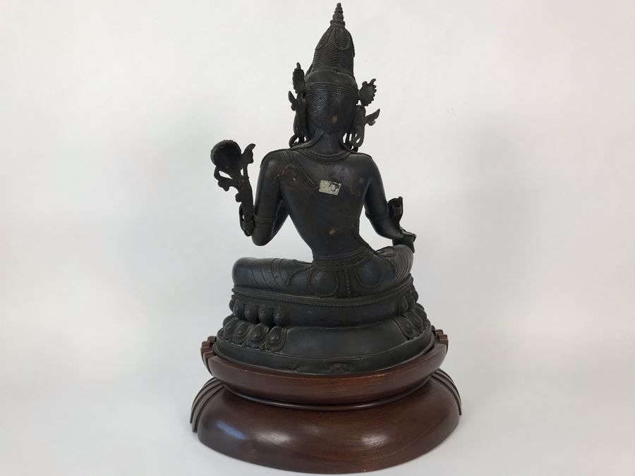 Large Antique Nepalese Metal Sitting Buddha Statue 12W X 10D X 16H With Custom Wooden Stand [Photo 27]