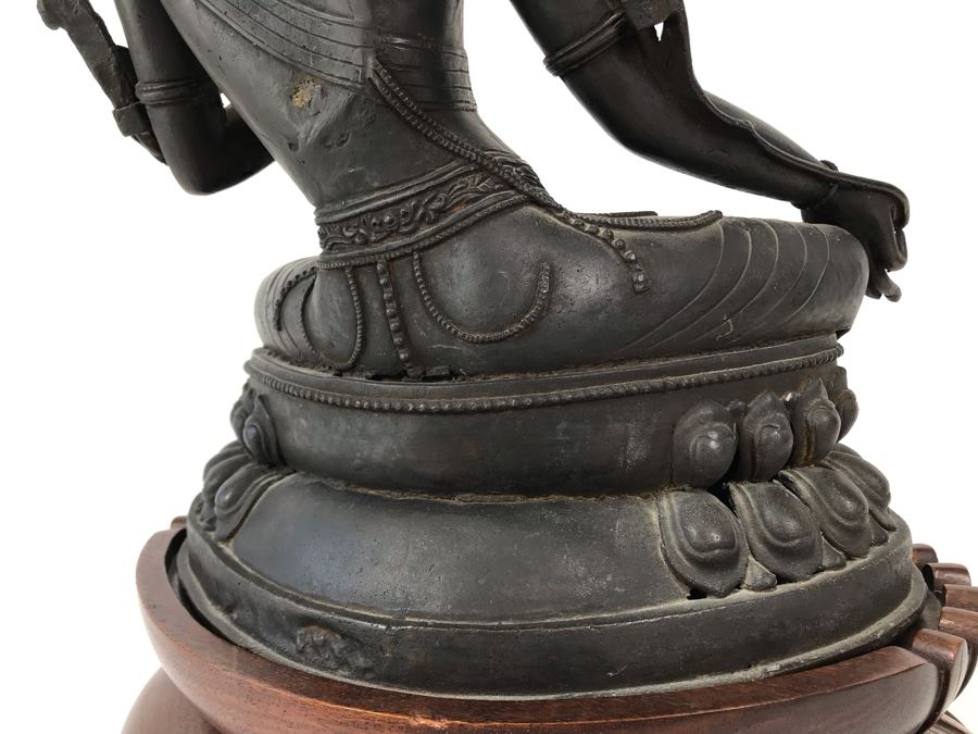 Large Antique Nepalese Metal Sitting Buddha Statue 12W X 10D X 16H With Custom Wooden Stand [Photo 25]