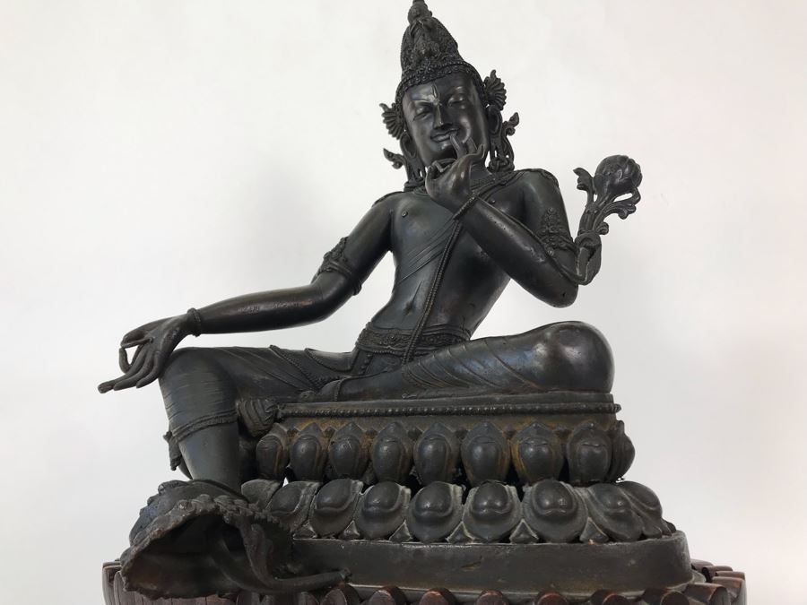 Large Antique Nepalese Metal Sitting Buddha Statue 12W X 10D X 16H With Custom Wooden Stand [Photo 36]