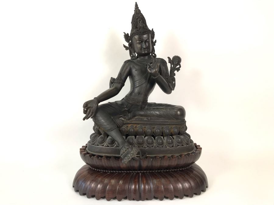 Large Antique Nepalese Metal Sitting Buddha Statue 12W X 10D X 16H With Custom Wooden Stand [Photo 3]
