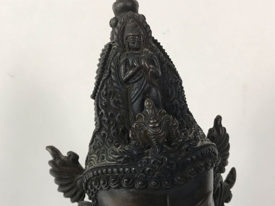 Large Antique Nepalese Metal Sitting Buddha Statue 12W X 10D X 16H With Custom Wooden Stand [Photo 10]