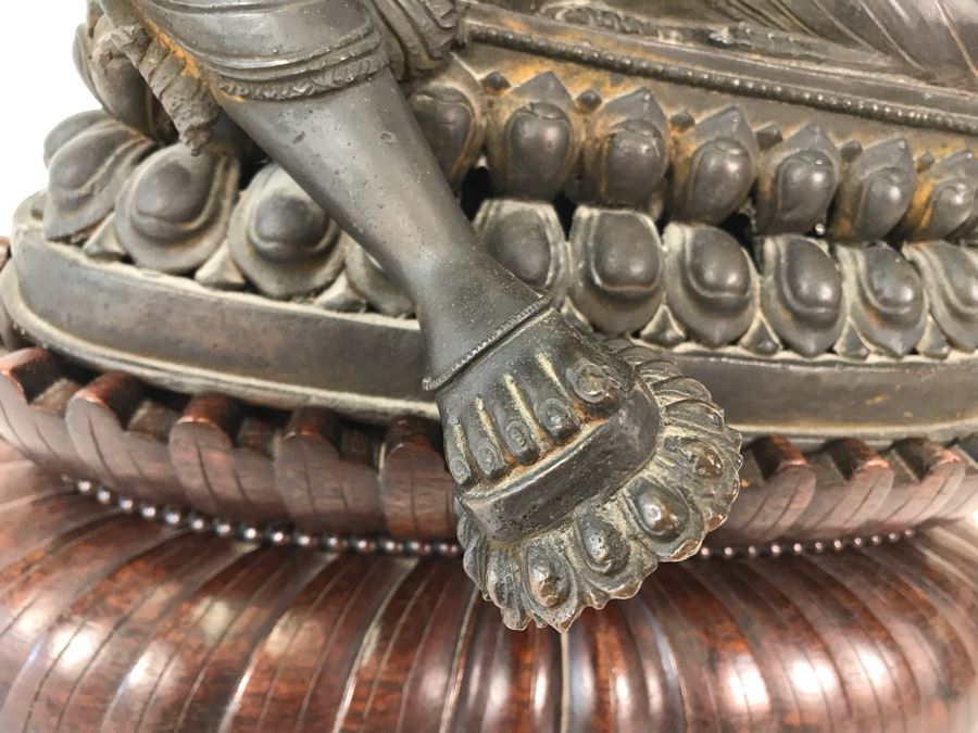 Large Antique Nepalese Metal Sitting Buddha Statue 12W X 10D X 16H With Custom Wooden Stand [Photo 15]