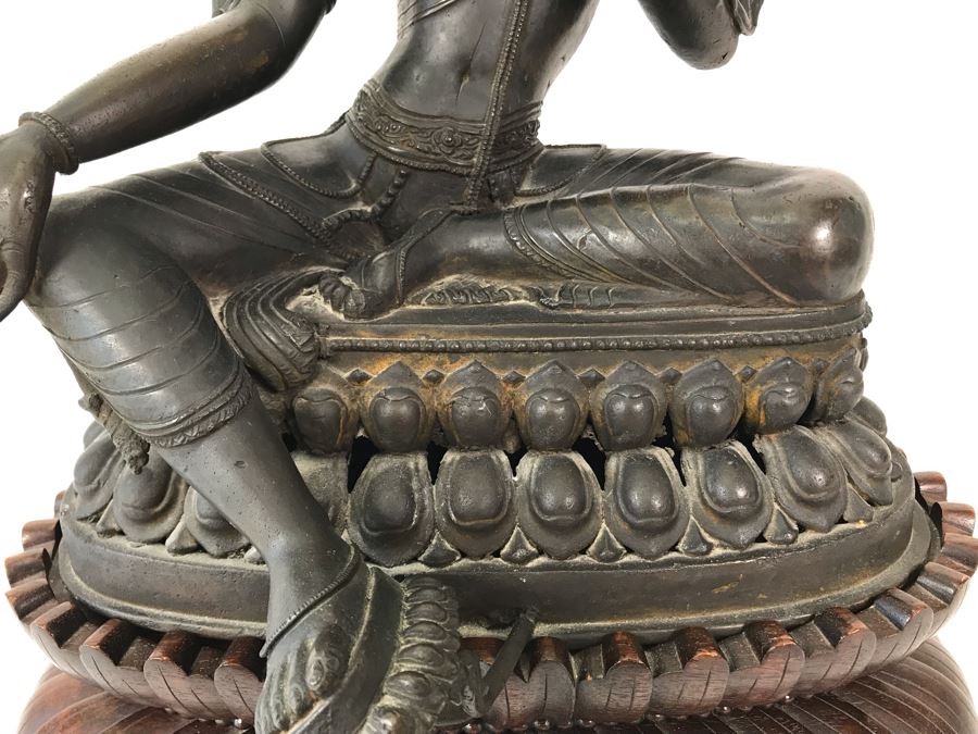 Large Antique Nepalese Metal Sitting Buddha Statue 12W X 10D X 16H With Custom Wooden Stand [Photo 16]