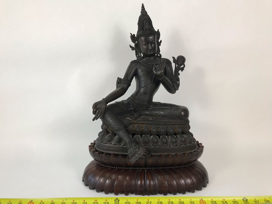 Large Antique Nepalese Metal Sitting Buddha Statue 12W X 10D X 16H With Custom Wooden Stand [Photo 7]