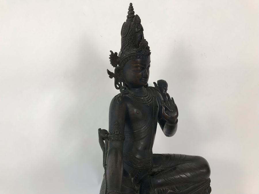 Large Antique Nepalese Metal Sitting Buddha Statue 12W X 10D X 16H With Custom Wooden Stand [Photo 19]