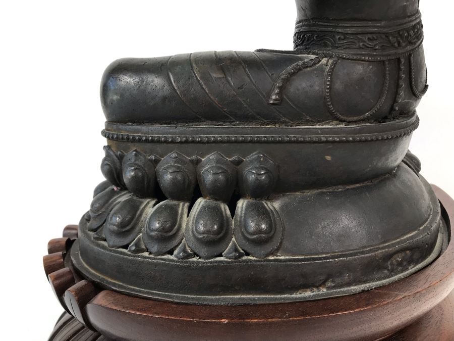 Large Antique Nepalese Metal Sitting Buddha Statue 12W X 10D X 16H With Custom Wooden Stand [Photo 29]