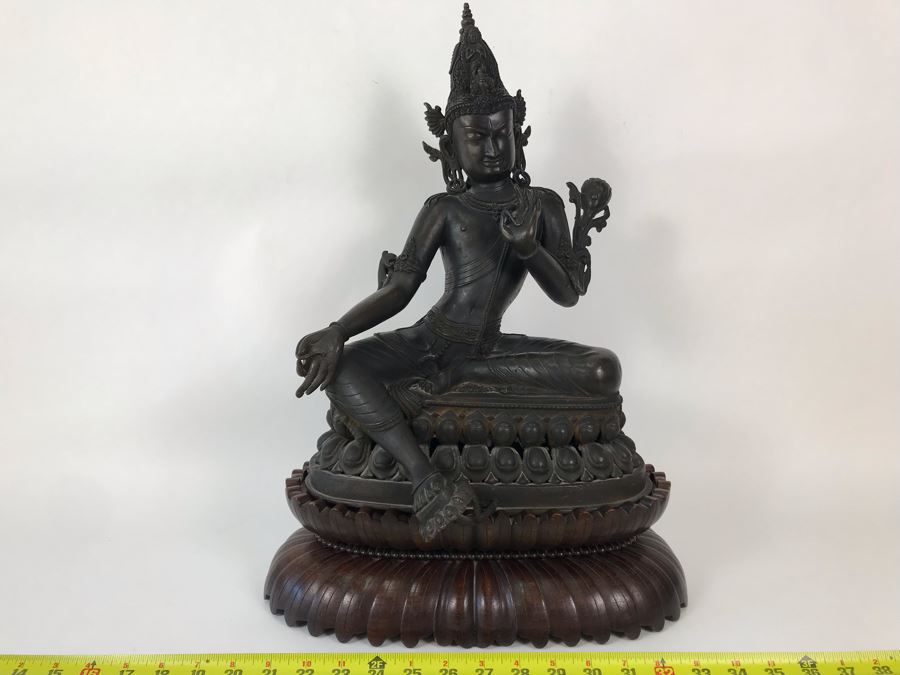 Large Antique Nepalese Metal Sitting Buddha Statue 12W X 10D X 16H With Custom Wooden Stand [Photo 5]