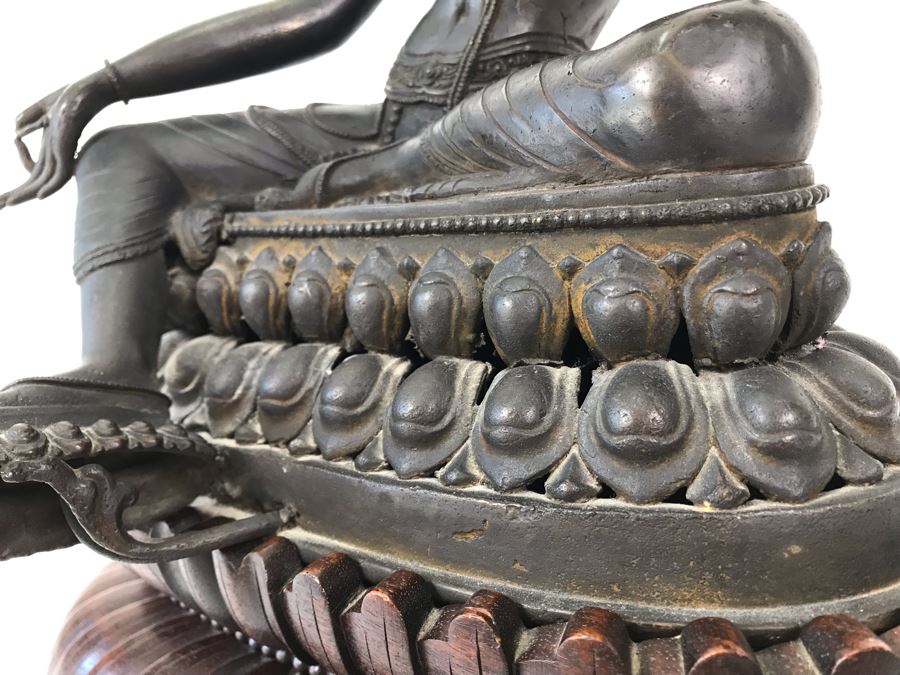 Large Antique Nepalese Metal Sitting Buddha Statue 12W X 10D X 16H With Custom Wooden Stand [Photo 34]