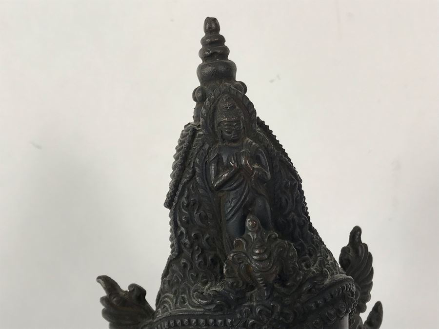 Large Antique Nepalese Metal Sitting Buddha Statue 12W X 10D X 16H With Custom Wooden Stand [Photo 11]