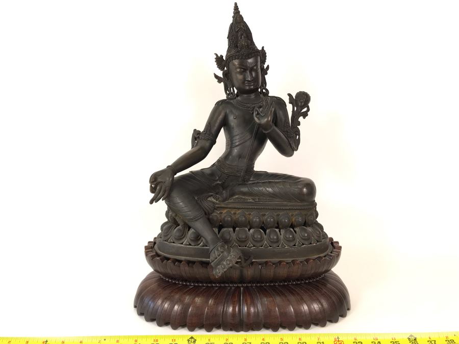 Large Antique Nepalese Metal Sitting Buddha Statue 12W X 10D X 16H With Custom Wooden Stand [Photo 6]