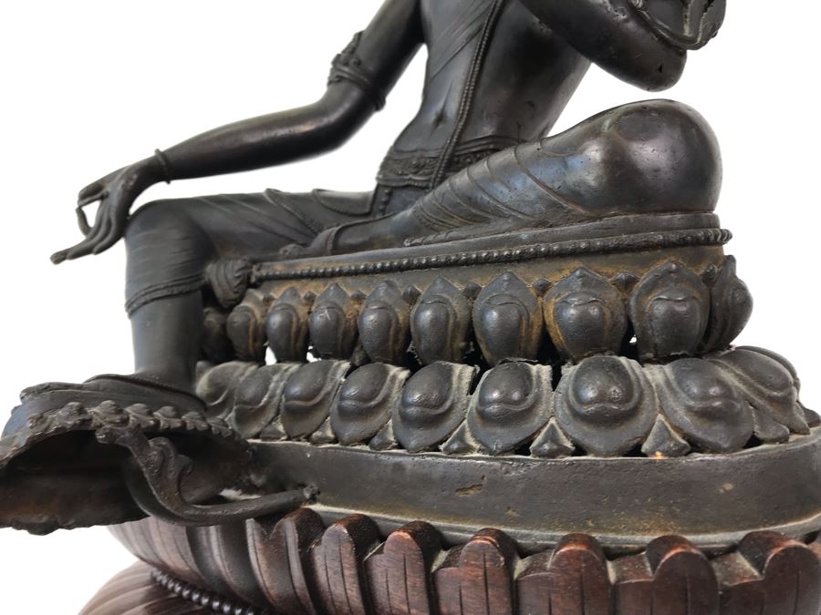 Large Antique Nepalese Metal Sitting Buddha Statue 12W X 10D X 16H With Custom Wooden Stand [Photo 35]