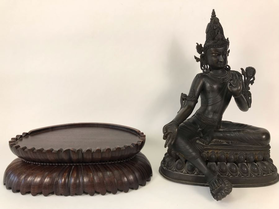 Large Antique Nepalese Metal Sitting Buddha Statue 12W X 10D X 16H With Custom Wooden Stand [Photo 37]