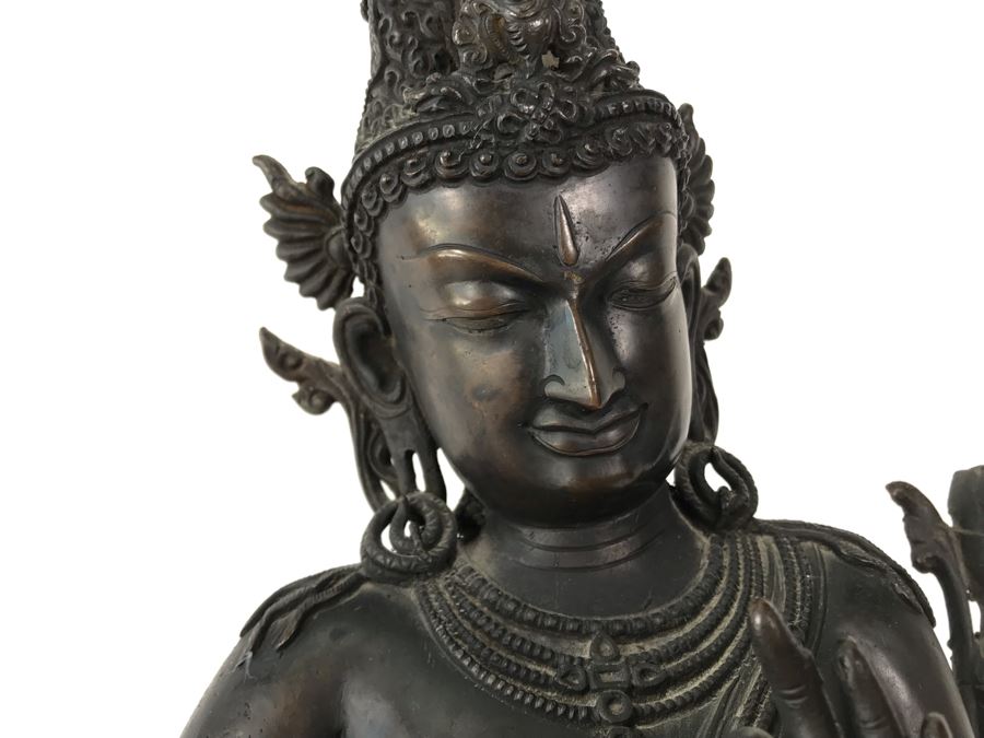 Large Antique Nepalese Metal Sitting Buddha Statue 12W X 10D X 16H With Custom Wooden Stand [Photo 9]