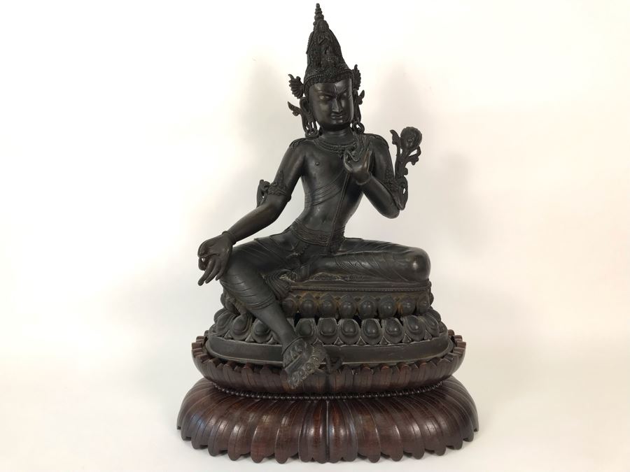 Large Antique Nepalese Metal Sitting Buddha Statue 12W X 10D X 16H With Custom Wooden Stand [Photo 4]