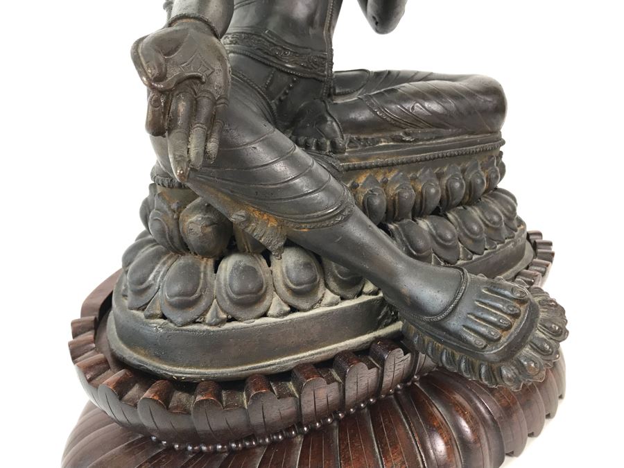 Large Antique Nepalese Metal Sitting Buddha Statue 12W X 10D X 16H With Custom Wooden Stand [Photo 18]
