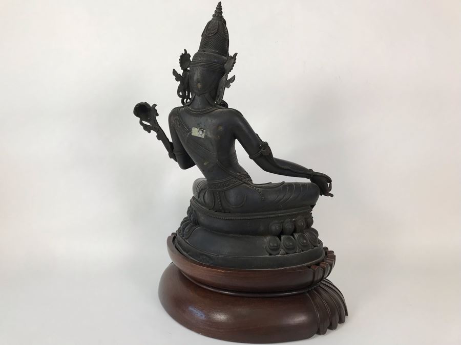 Large Antique Nepalese Metal Sitting Buddha Statue 12W X 10D X 16H With Custom Wooden Stand [Photo 20]