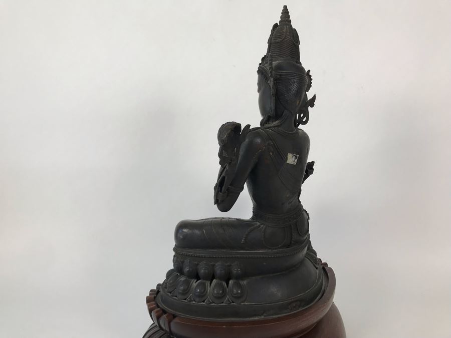 Large Antique Nepalese Metal Sitting Buddha Statue 12W X 10D X 16H With Custom Wooden Stand [Photo 28]