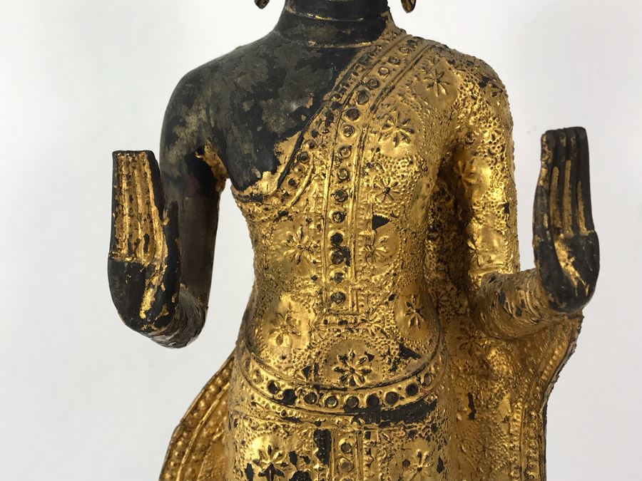 Vintage Thai Gilded Bronze Standing Buddha Statue 7W X 6.5D X 26H [Photo 11]