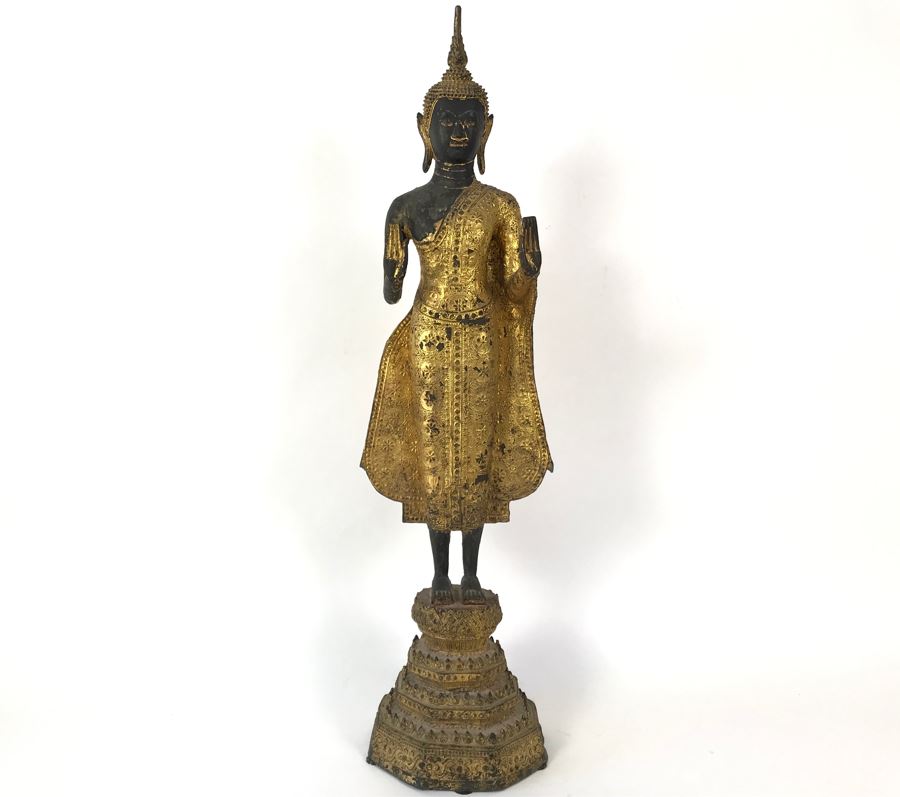 Vintage Thai Gilded Bronze Standing Buddha Statue 7W X 6.5D X 26H [Photo 2]