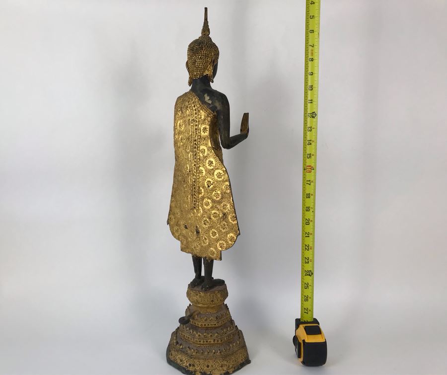 Vintage Thai Gilded Bronze Standing Buddha Statue 7W X 6.5D X 26H [Photo 19]