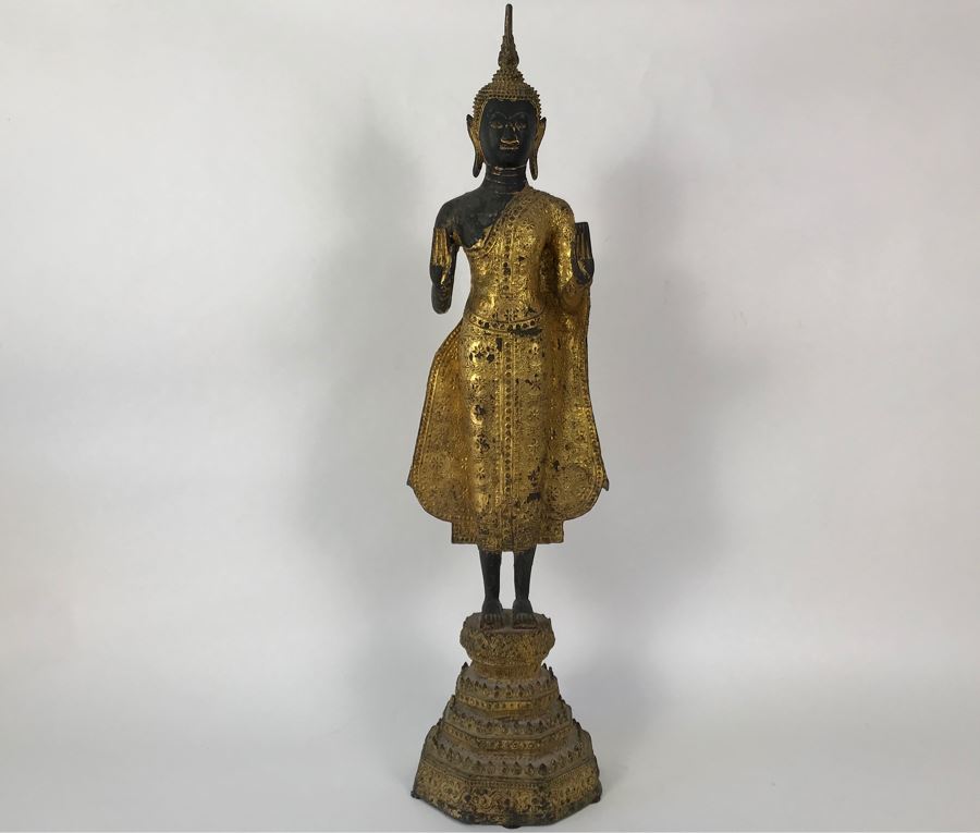 Vintage Thai Gilded Bronze Standing Buddha Statue 7W X 6.5D X 26H [Photo 3]