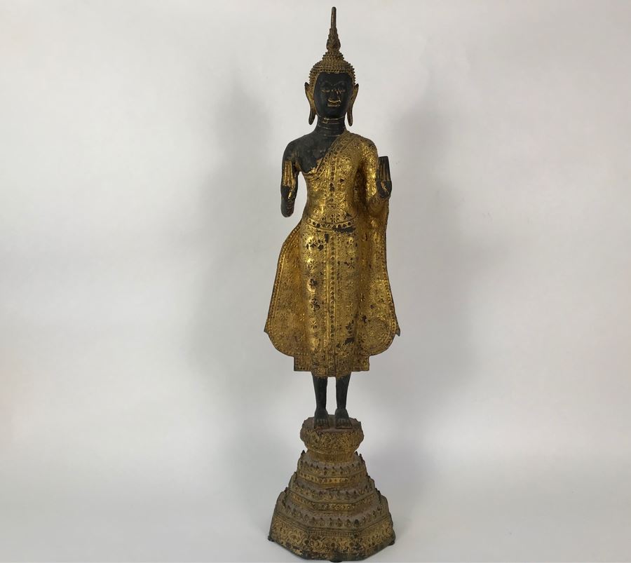 Vintage Thai Gilded Bronze Standing Buddha Statue 7W X 6.5D X 26H [Photo 5]