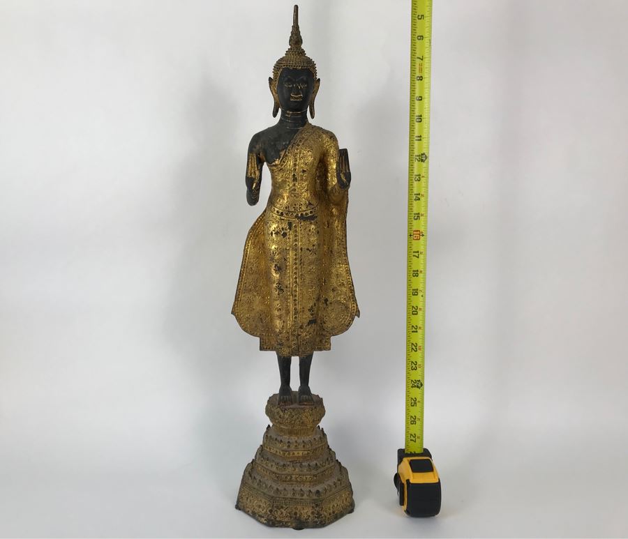 Vintage Thai Gilded Bronze Standing Buddha Statue 7W X 6.5D X 26H [Photo 15]
