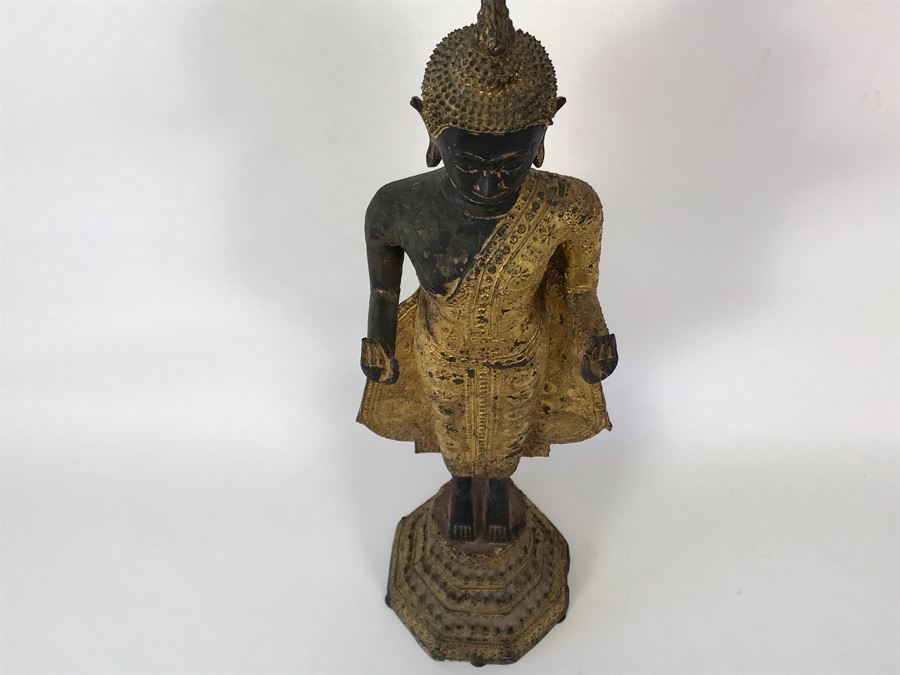 Vintage Thai Gilded Bronze Standing Buddha Statue 7W X 6.5D X 26H [Photo 14]