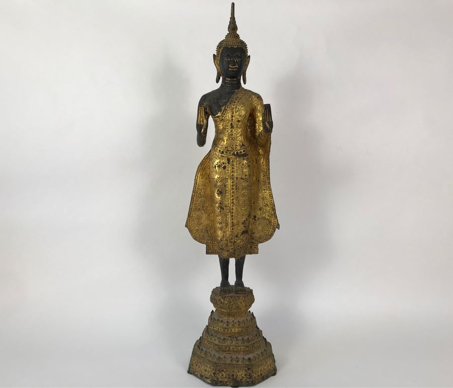 Vintage Thai Gilded Bronze Standing Buddha Statue 7W X 6.5D X 26H [Photo 4]