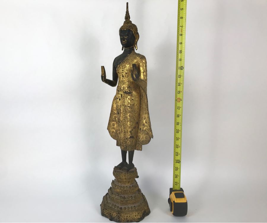 Vintage Thai Gilded Bronze Standing Buddha Statue 7W X 6.5D X 26H [Photo 30]