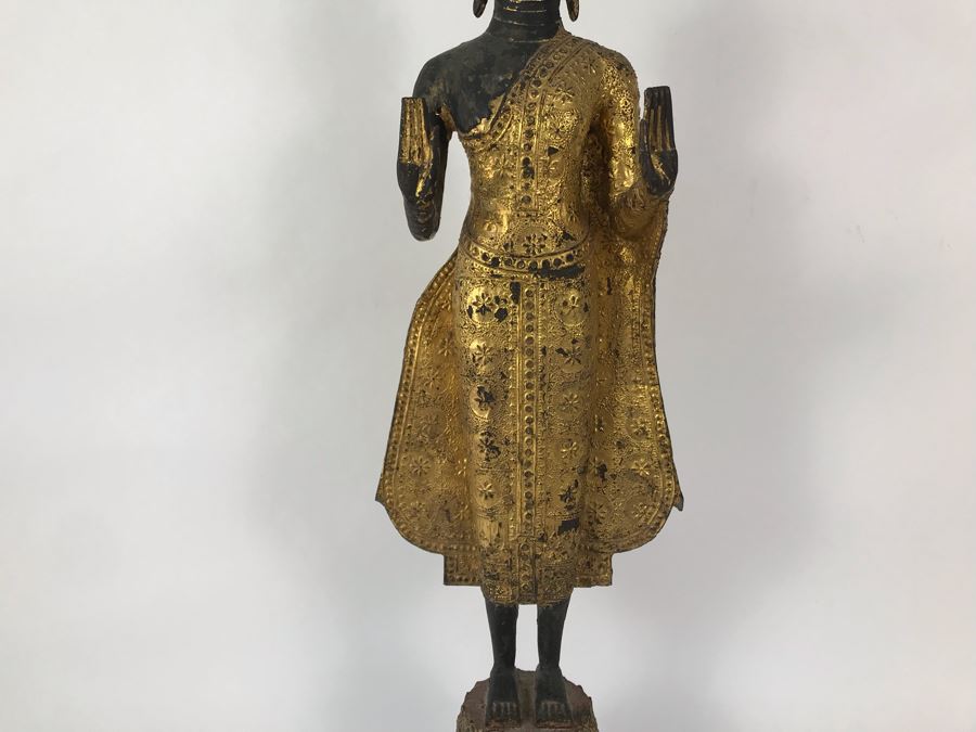 Vintage Thai Gilded Bronze Standing Buddha Statue 7W X 6.5D X 26H [Photo 7]