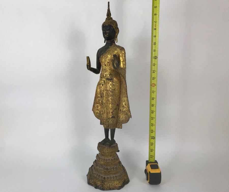 Vintage Thai Gilded Bronze Standing Buddha Statue 7W X 6.5D X 26H [Photo 29]