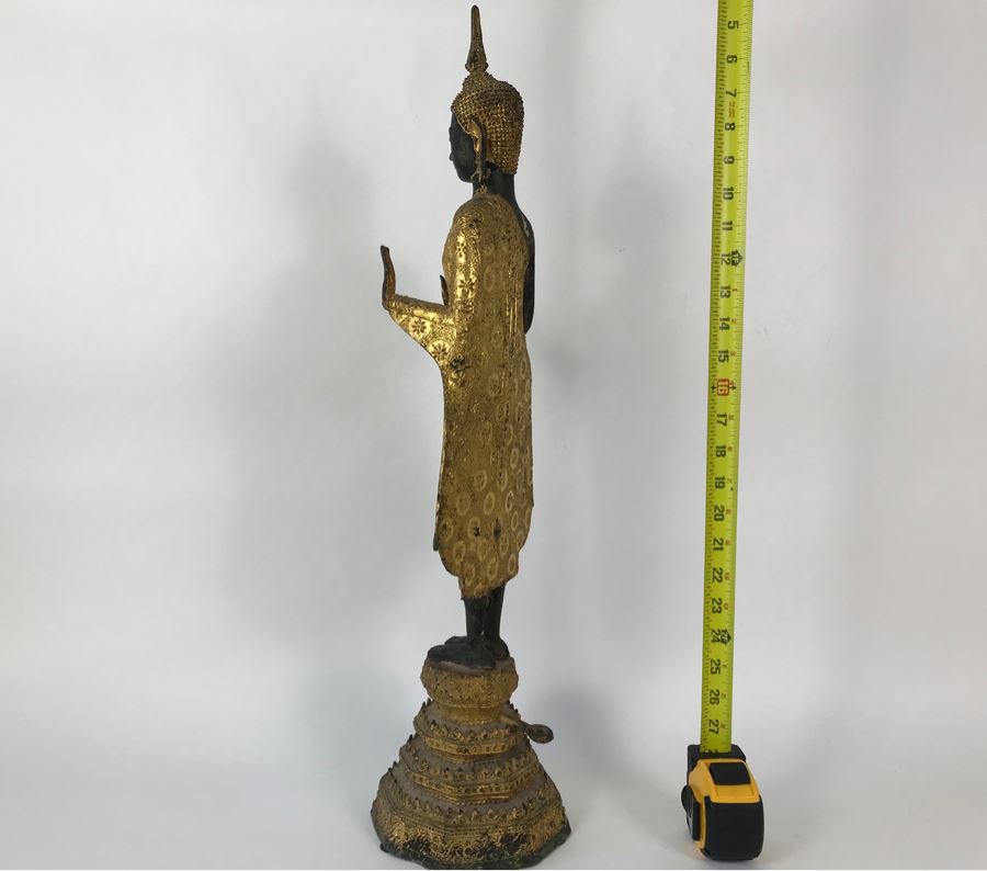 Vintage Thai Gilded Bronze Standing Buddha Statue 7W X 6.5D X 26H [Photo 25]