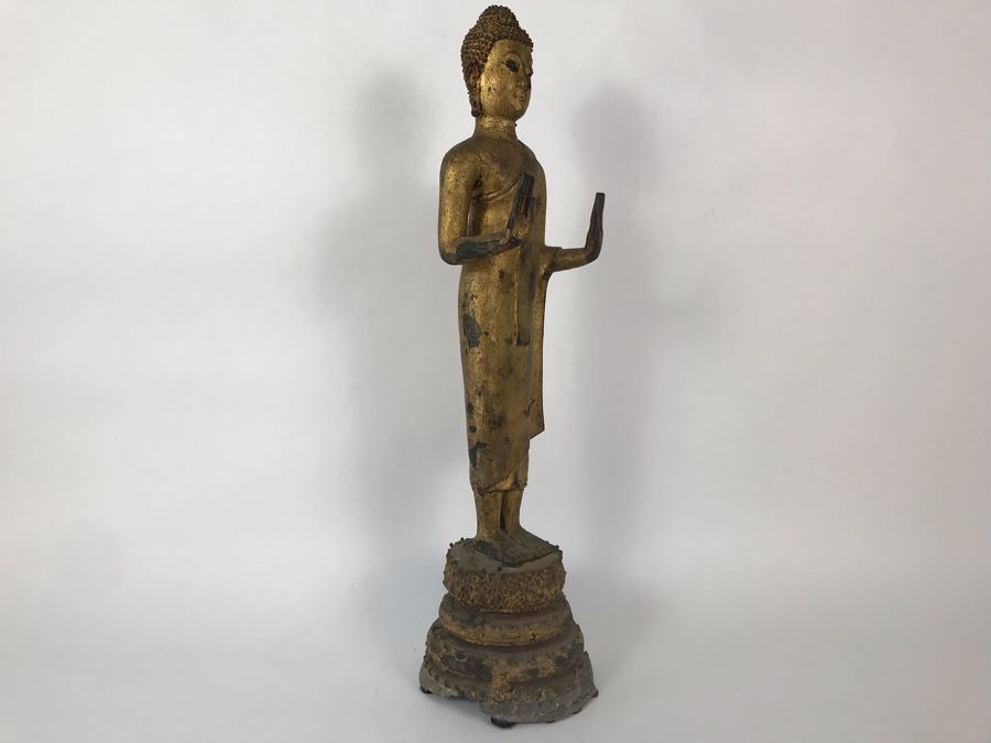 Vintage Thai Gilded Bronze Standing Buddha Statue 6W X 6D X 22.5H [Photo 10]