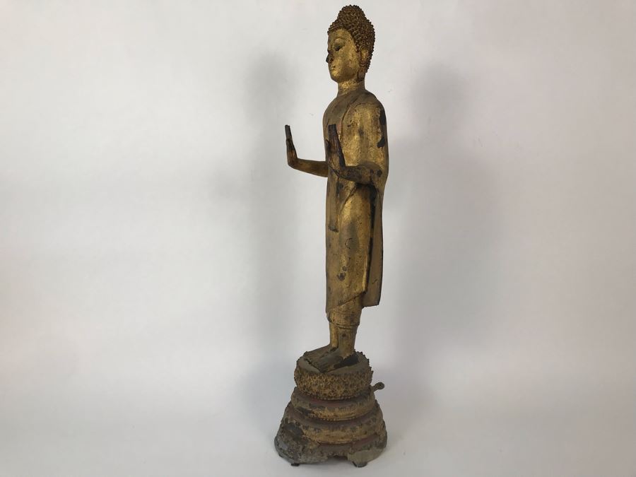 Vintage Thai Gilded Bronze Standing Buddha Statue 6W X 6D X 22.5H [Photo 14]
