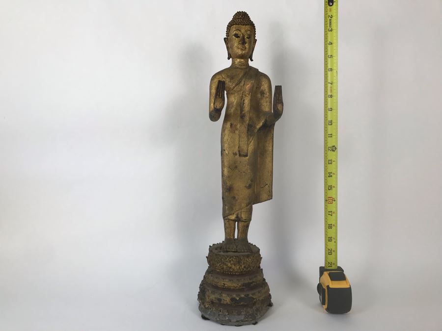 Vintage Thai Gilded Bronze Standing Buddha Statue 6W X 6D X 22.5H [Photo 26]