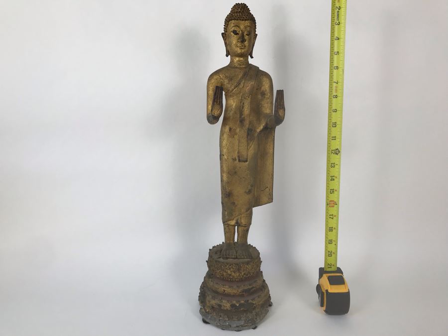 Vintage Thai Gilded Bronze Standing Buddha Statue 6W X 6D X 22.5H [Photo 1]