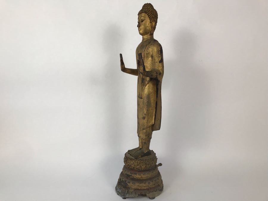 Vintage Thai Gilded Bronze Standing Buddha Statue 6W X 6D X 22.5H [Photo 15]