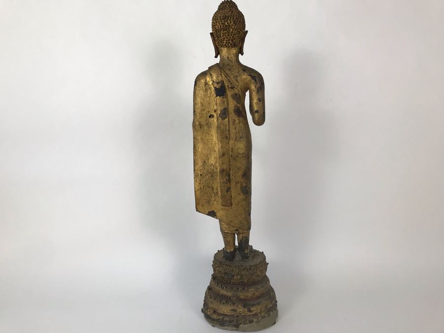 Vintage Thai Gilded Bronze Standing Buddha Statue 6W X 6D X 22.5H [Photo 13]