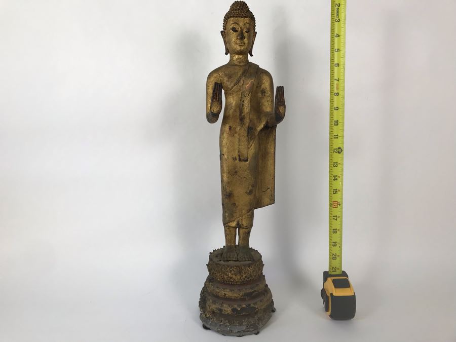Vintage Thai Gilded Bronze Standing Buddha Statue 6W X 6D X 22.5H [Photo 28]