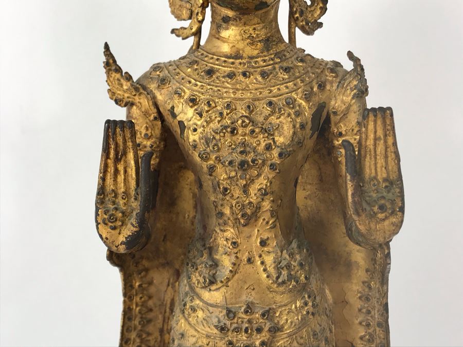 Vintage Thai Gilded Bronze Standing Buddha Statue 5.5W X 5D X 21H [Photo 6]