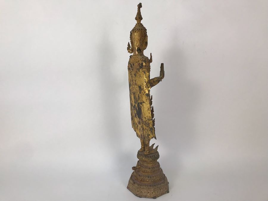 Vintage Thai Gilded Bronze Standing Buddha Statue 5.5W X 5D X 21H [Photo 15]