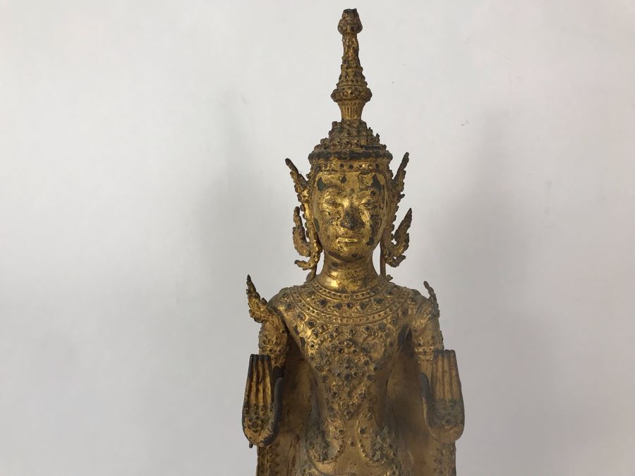 Vintage Thai Gilded Bronze Standing Buddha Statue 5.5W X 5D X 21H [Photo 4]