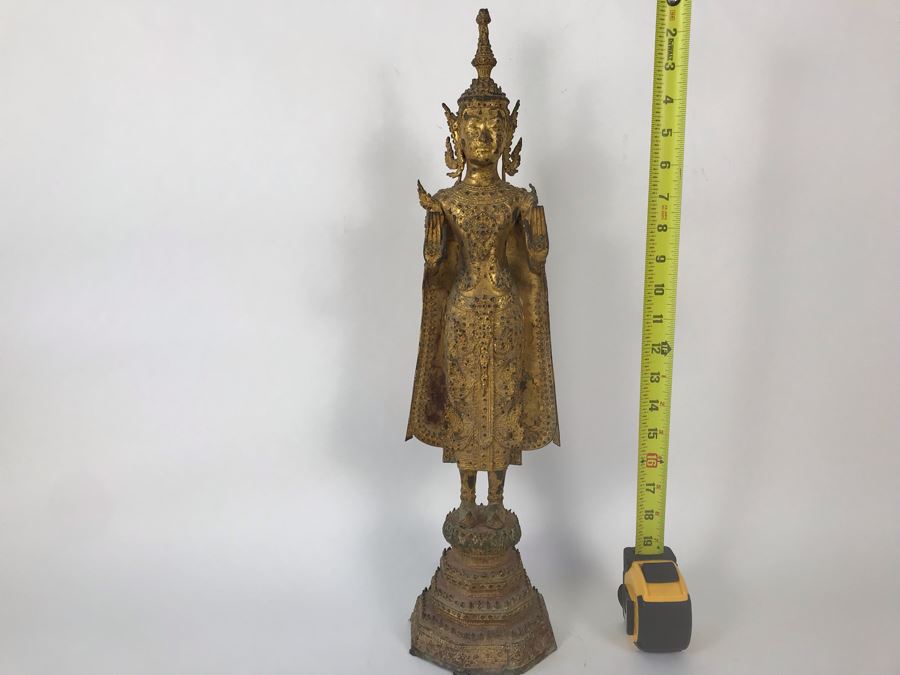 Vintage Thai Gilded Bronze Standing Buddha Statue 5.5W X 5D X 21H