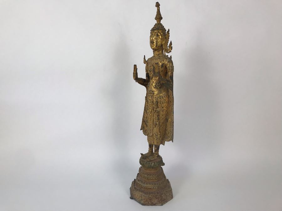 Vintage Thai Gilded Bronze Standing Buddha Statue 5.5W X 5D X 21H [Photo 19]